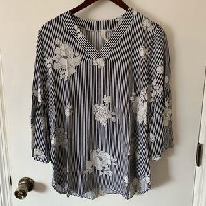Navy and white striped top with flowers
